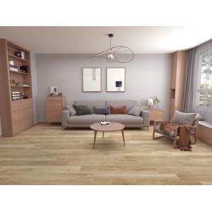 Wohnraum mit Click-Vinylboden Weserpark Eiche. Der Boden ist hellbraun und hat eine Holzoptik.