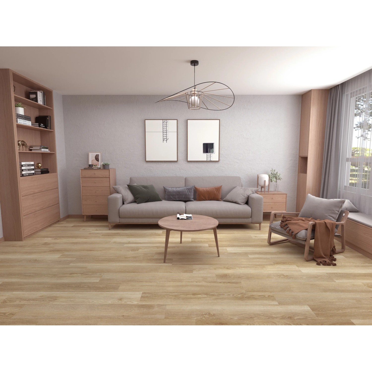 Wohnraum mit Click-Vinylboden Weserpark Eiche. Der Boden ist hellbraun und hat eine Holzoptik.