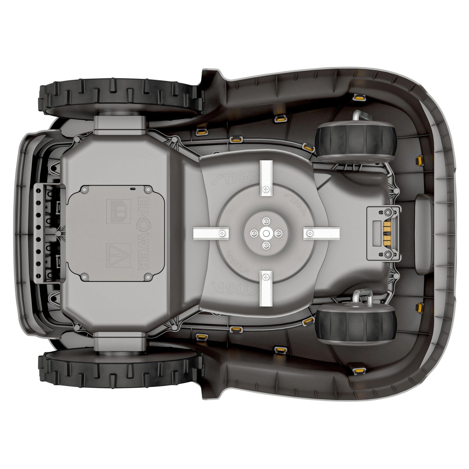 Stiga G 300 Mähroboter, Unteransicht mit Rädern und Messern.