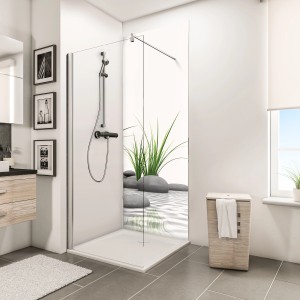 Schulte Duschrückwand DecoDesign Zen Steine & Gras, 210x90cm im Badezimmer mit Dusche und Waschbecken.