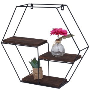 BERLINLODGE Wandregal Sechseckig HxBxT 43x49x11cm 3 Regalböden Metall Massiv-Holz Industrial Dunkelbraun Hängeregal Schweberegal Regal