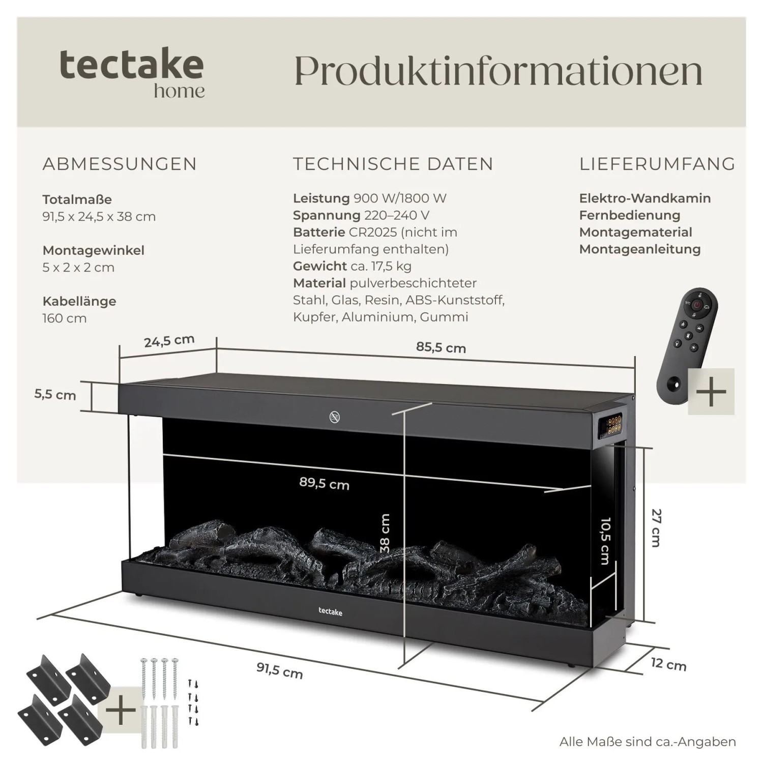 Tectake Elektro Wandkamin Luciano, schwarz, mit Maßen, 3D Flammeneffekt, Holz- & Glutimitation. Info-Grafik mit Fernbedienung & Zubehör.