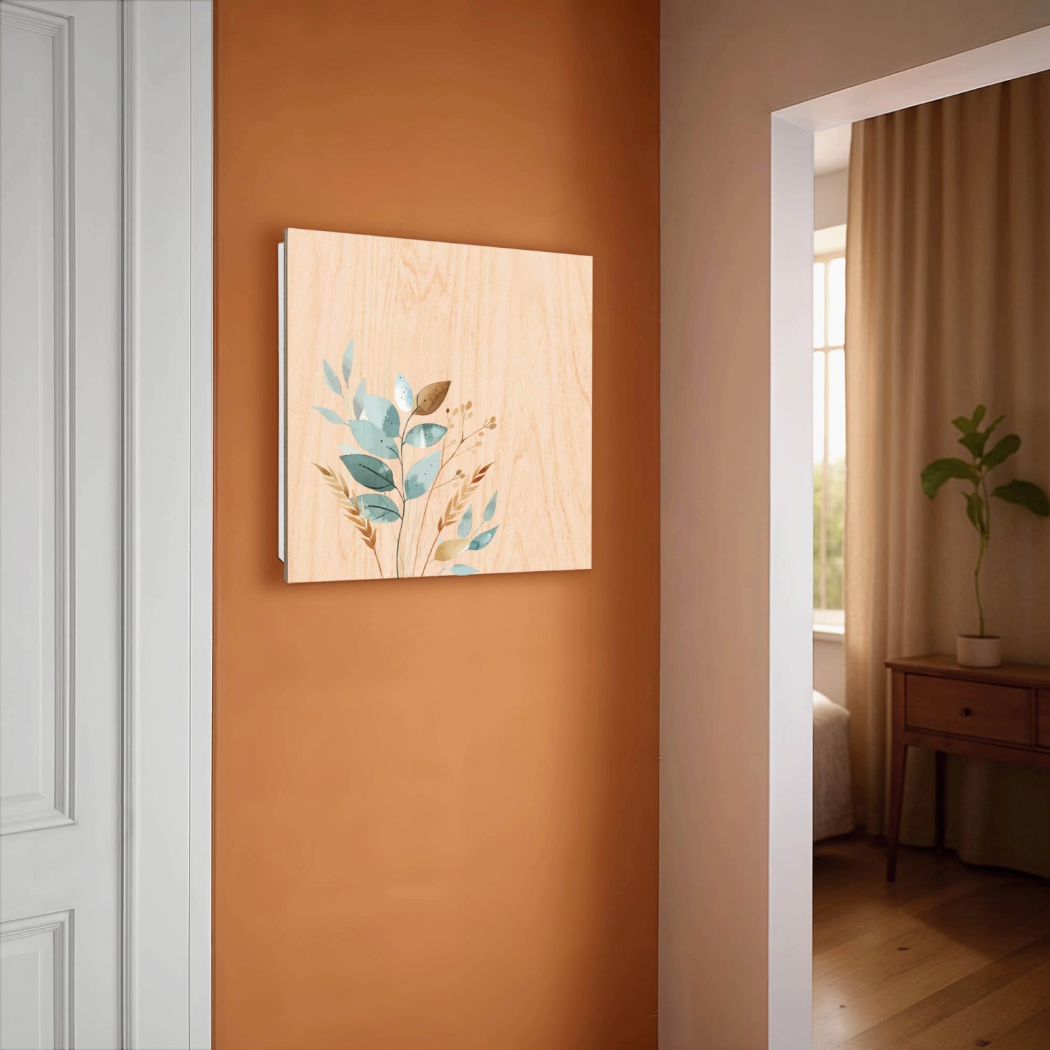 Weißer Banjado Schlüsselkasten aus Holz (30x30cm) mit minimalistischem Blätter-Motiv und 50 Haken.