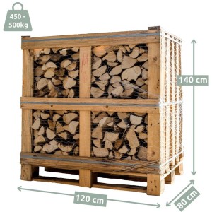 Kammergetrocknetes Eichen Brennholz (1 RM) in Gitterbox auf Palette. Holzscheite für Kamin und Ofen.