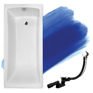 Weiße rechteckige Acryl-Badewanne OPTIMA 160x70 mit verchromtem Ablauf und passender Ablaufgarnitur. Für Ihr Badezimmer.