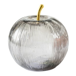 Grauer FlowerPower LED Deko-Apfel Mela aus Glas mit goldenem Stiel. Dekorative Figur mit Micro-LEDs.