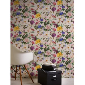 Jette Joop Vliestapete mit Blumenmuster in Rosa, Gelb, Blau und Lila. Dekorative Tapete mit floralem Design.