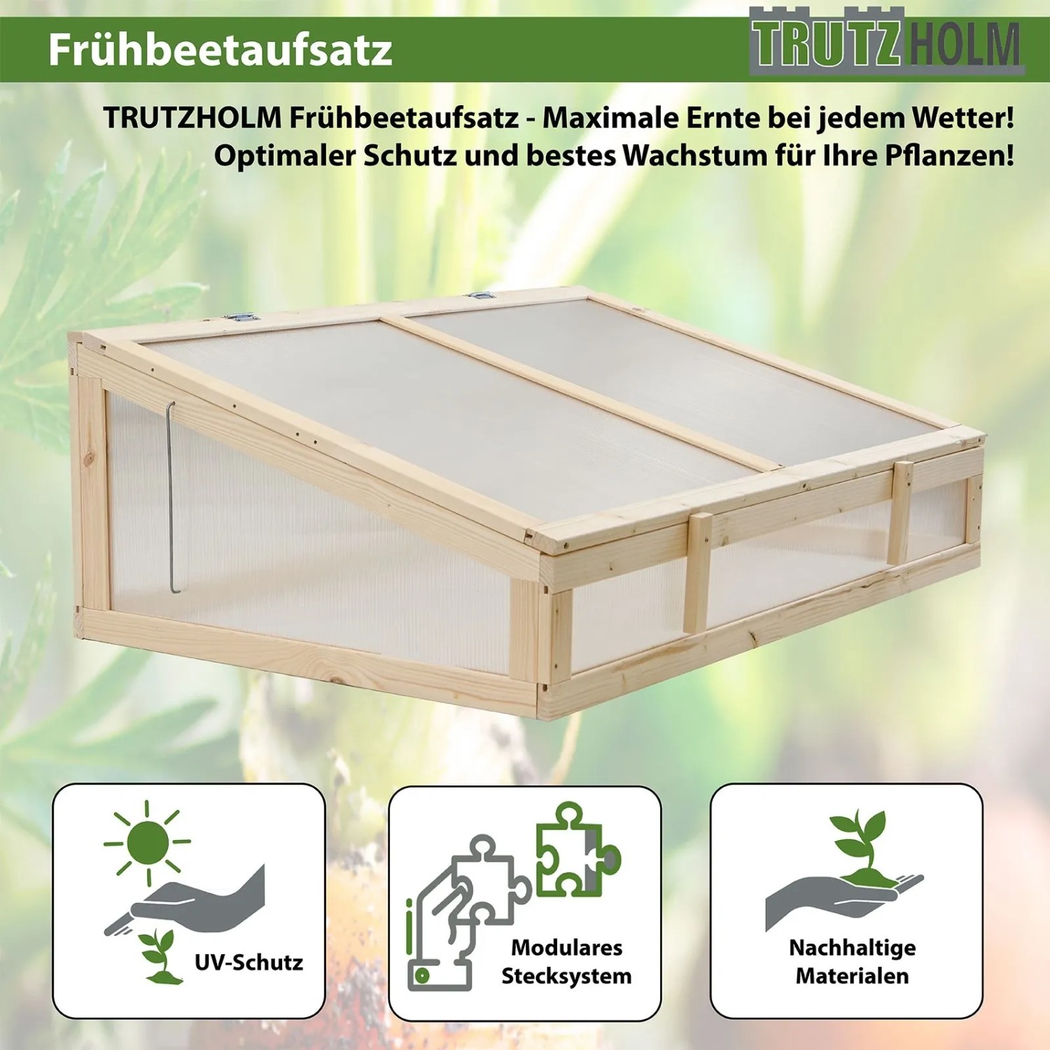 TRUTZHOLM Frühbeetaufsatz aus Holz, 120x80cm, für Hochbeete. Naturholz mit UV-Schutz.