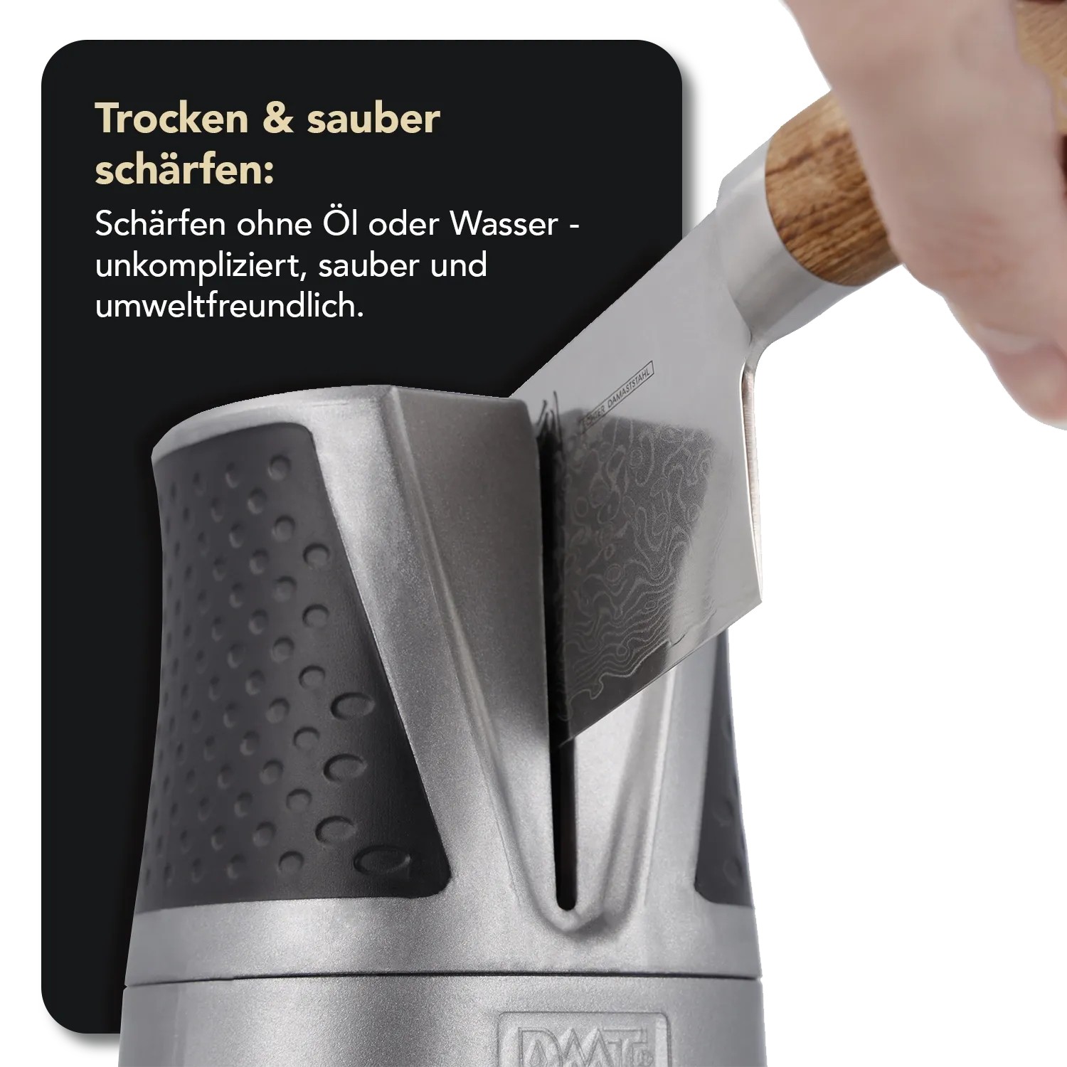 DMT SimpleSharp Messerschärfer Classic in Silber mit Messer zum Schärfen. Küchenausstattung für scharfe Messer.