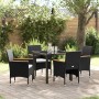 Schwarze vidaXL Garten Essgruppe mit 4 Stühlen und Tisch aus Poly Rattan mit Kissen.
