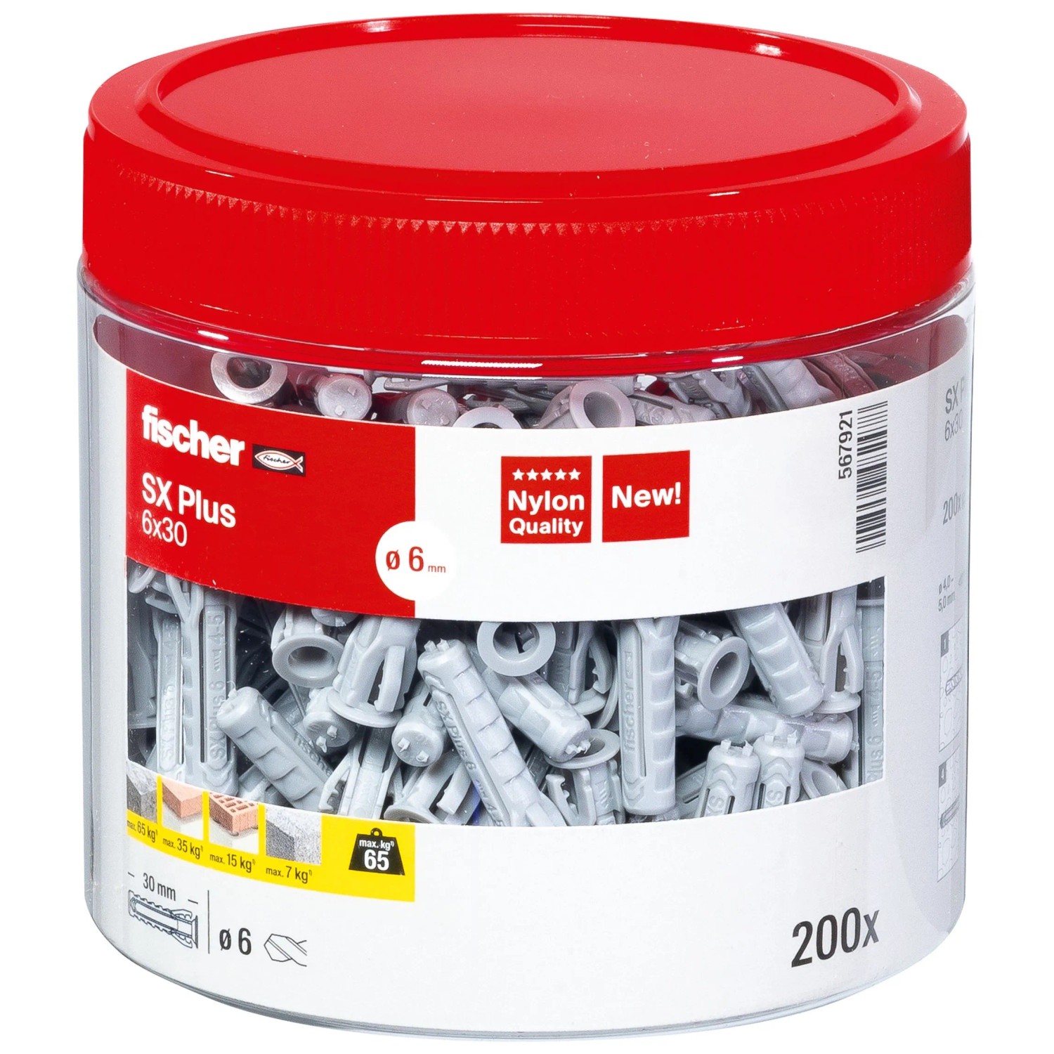 fischer Spreizdübel SX Plus 6 x 30, 200 Stück im transparenten Behälter mit rotem Deckel.