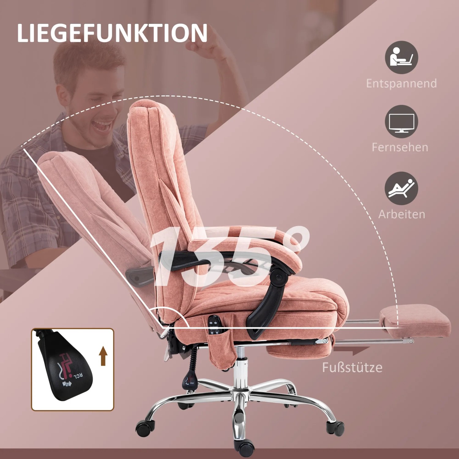 Rosa Bürostuhl mit Massagefunktion und ausziehbarer Fußstütze in Liegeposition.