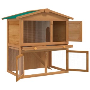 Holz-Kaninchenstall mit 3 Türen, 2 Ebenen und grünem Dach für Kleintiere.