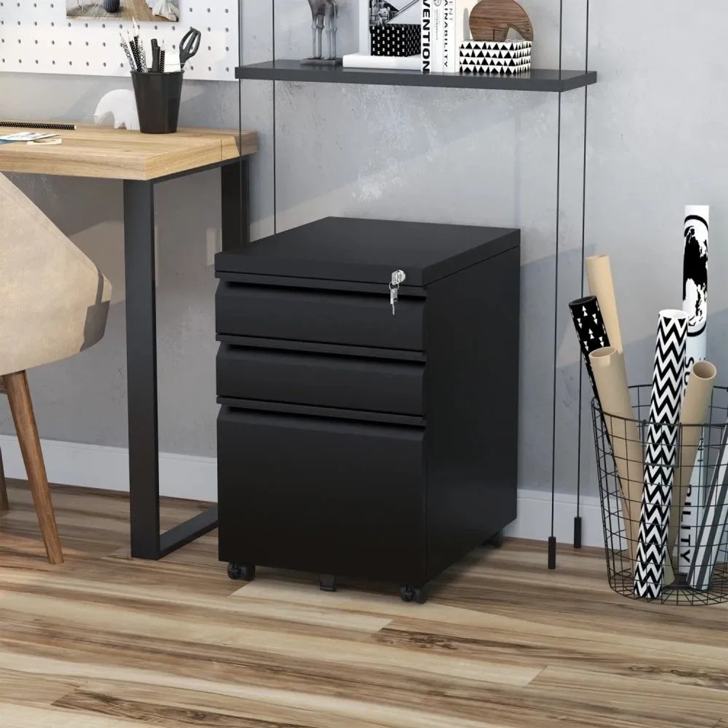 Vinsetto Rollcontainer mit 3 Schubladen Rädern Stahl Schwarz 39 x 48 x 60 cm_2