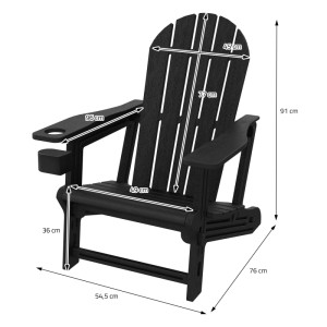 Schwarzer ML-Design Adirondack Gartenstuhl aus Kunststoff mit Getränkehalter, seitliche Ansicht mit Maßangaben.