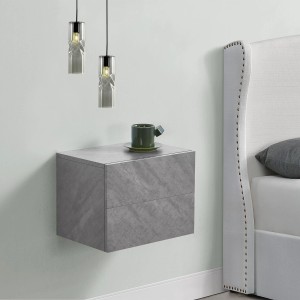 Wandschrank Nachttisch in Betonoptik mit 2 Schubladen, schwebend an der Wand montiert.