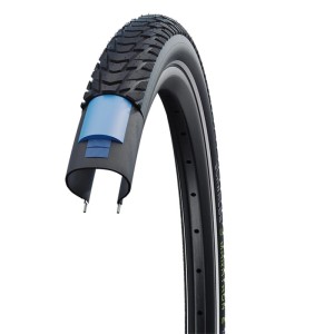 Schwalbe Fahrradreifen Marathon E-Plus mit Smart DualGuard Pannenschutz. Schwarzer E-Bike Reifen im Querschnitt mit blauem Schutz.