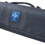 Graue LUX Rolltasche für Werkzeug mit 26 Fächern, zusammengerollt und mit Tragegriff.