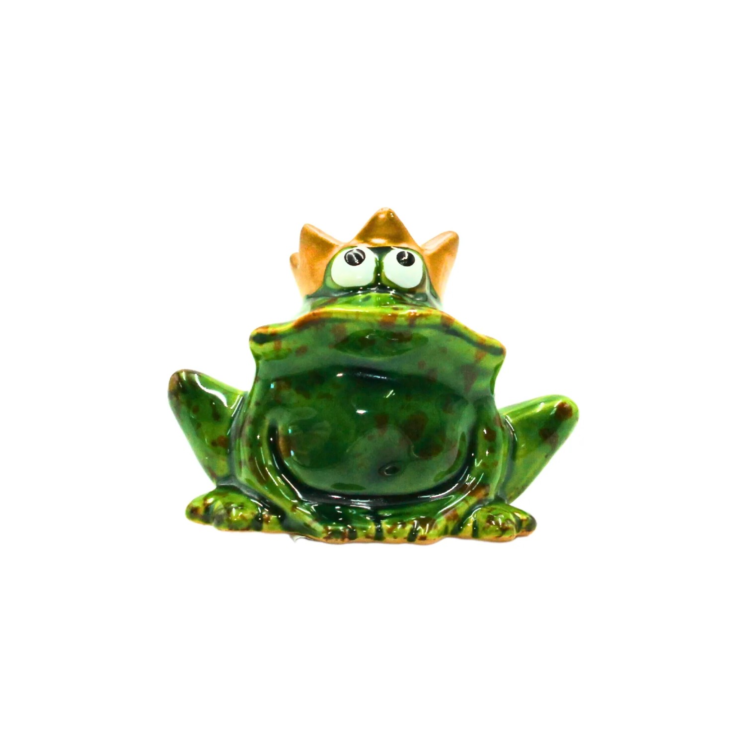 Dekohelden24 Lustiger Deko Frosch mit Goldener Krone Froschkönig aus Keramik in Grün aus Keramik L/B/H ca 4 x 7 x 6 cm