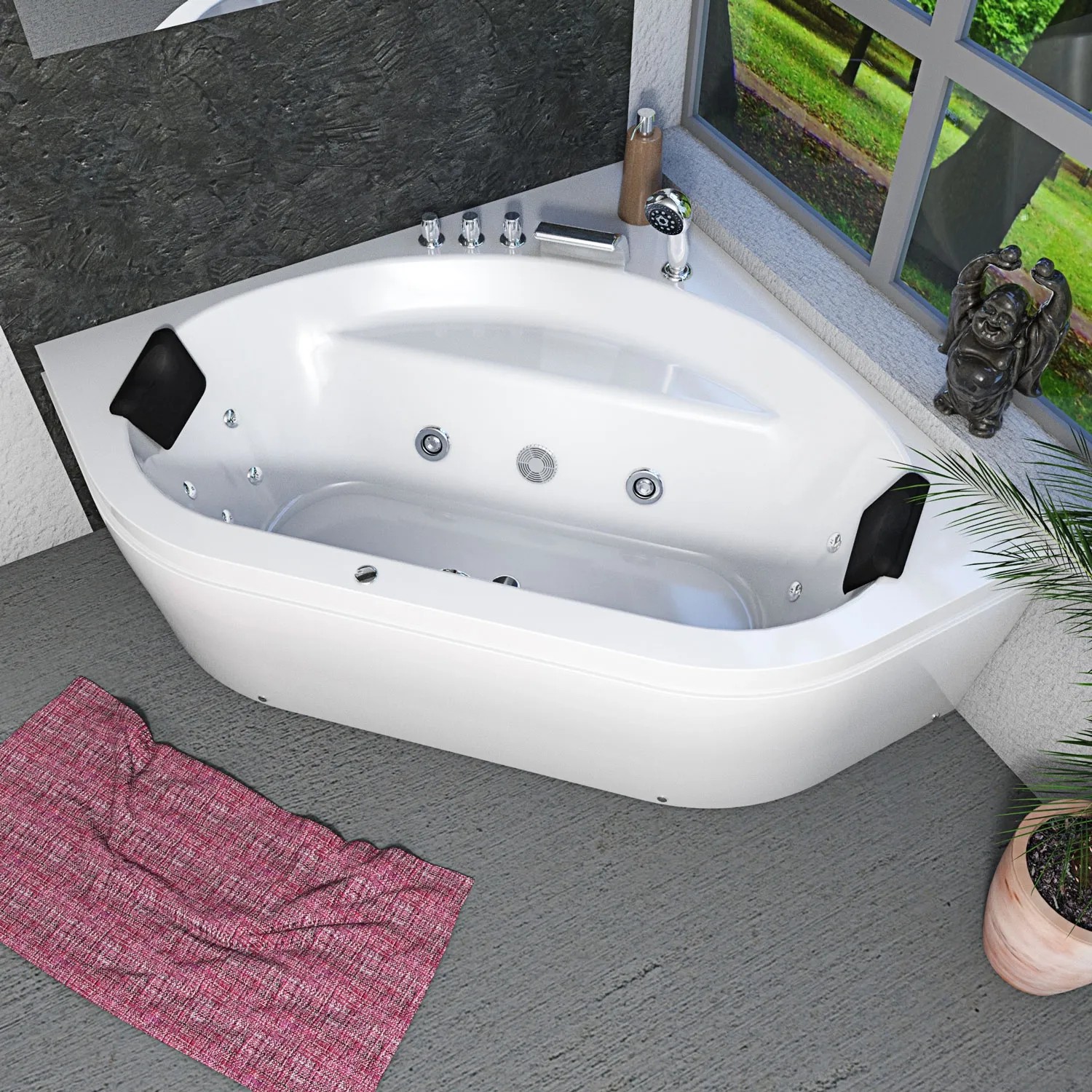 AcquaVapore Eck-Whirlpool W20-TH-SC 140x140 mit Farblicht, Armaturen und Nackenkissen.