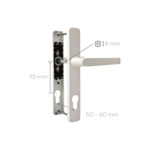 Weiße Panto Griffgarnitur Smart Line, 92 mm Lochabstand, für Türbeschläge. Detailaufnahme mit Maßangaben.
