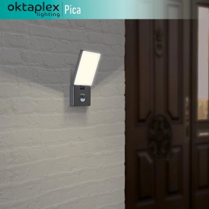 Oktaplex Pica LED Außenwandleuchte mit Bewegungsmelder, warmweißes Licht, dreh- und schwenkbar.