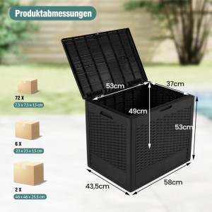 Costway Gartenbox 96L, schwarze Rattanoptik mit offenem Deckel und Maßangaben.