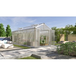 Vitavia Gewächshaus Zeus Comfort 15700 mit Alu-Rahmen und geöffneten Türen im Garten.