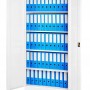 Weißer Jan Nowak Metall Aktenschrank (90x185x40 cm) mit geöffneten Türen und blauen Aktenordnern.