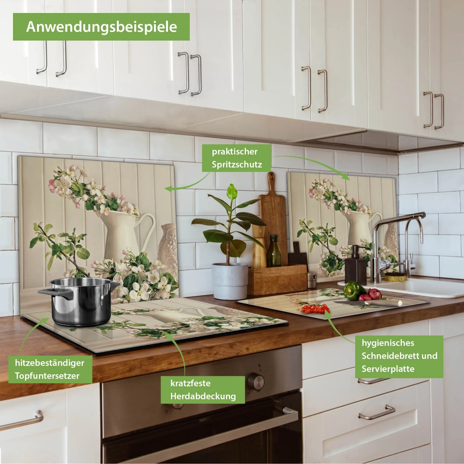 Banjado Herdabdeckplatte Glas mit Kirschblüten-Motiv als Schneidebrett und Spritzschutz in Küche.