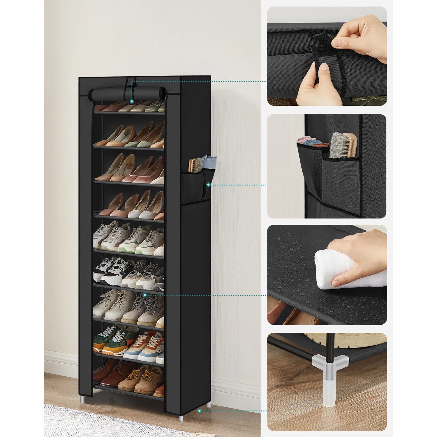 Schwarzes Songmics Schuhregal mit 10 Ebenen für ca. 30 Paar Schuhe.