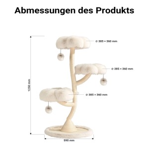 Fudajo Designer Kratzbaum mit 3 Plüschmulden, Sisalstamm. Maße: H 1250mm, Ø 590mm, Mulden 385x360mm.