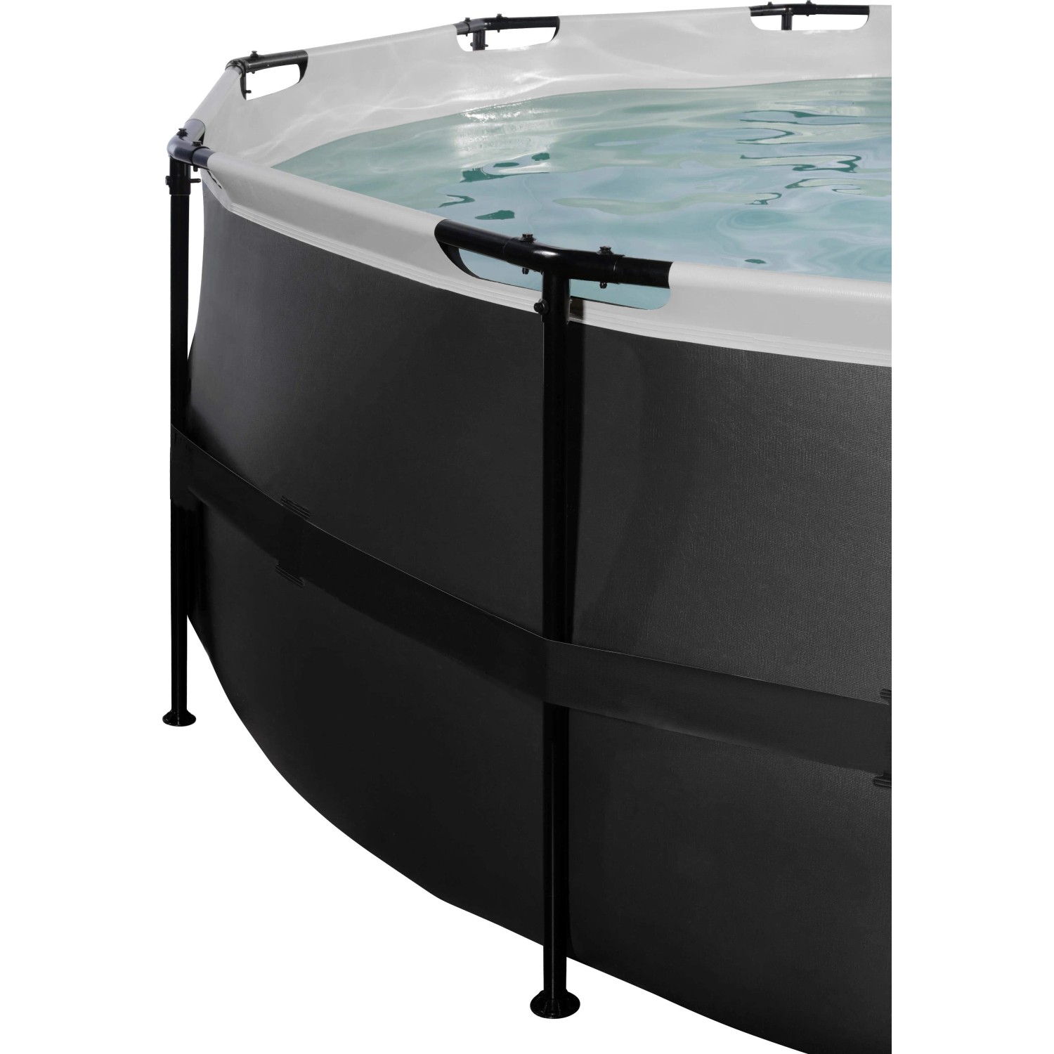 Detailansicht des schwarzen Exit Black Leather Pools mit Stahlrahmen und Wasser.