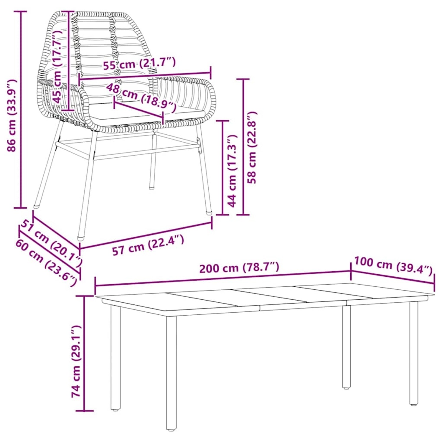 Skizze einer schwarzen 7-tlg. vidaXL Garten-Essgruppe aus Polyrattan mit Glasplatte und Maßangaben.
