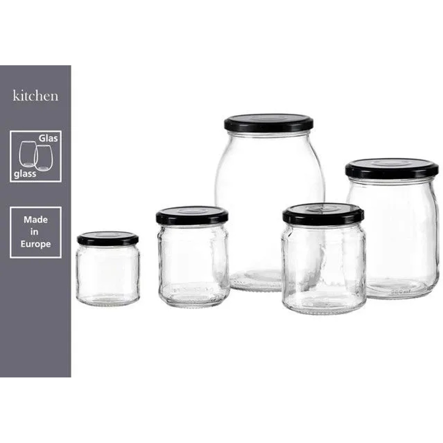 Ritzenhoff & Breker Kitchen Love Einmachgläser, 6er Set, 1 Liter, aus Glas mit schwarzen Schraubdeckeln.