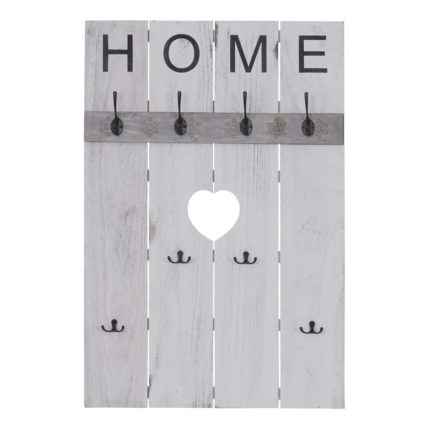 Weiße MCW Wandgarderobe im Shabby-Look mit 8 Haken und Herz-Ausschnitt.