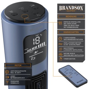 Brandson Turmventilator (blau) mit Display, Fernbedienung und Oszillation. Leiser Tower Fan für den Sommer.