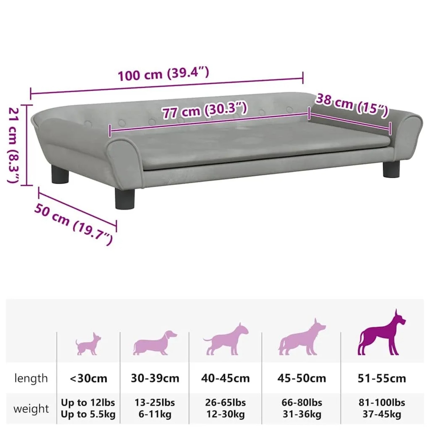 Hellgraues Hundebett (100x50x21 cm) aus Samt. Bequemes Hundekörbchen für kleine Hunde.