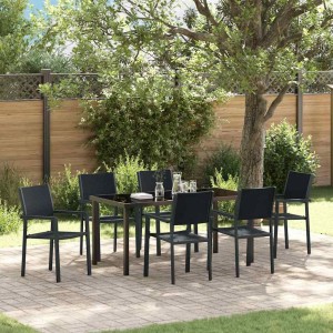 Schwarze 7-teilige vidaXL Garten Essgruppe aus Poly Rattan mit Tisch und Stühlen.