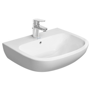 Weißes, rundes Duravit D-Code Standard-Waschbecken (60 cm) mit Armatur.