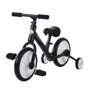 Schwarzes HOMCOM Kinderfahrrad 2-in-1 mit Stützrädern und Pedalen.