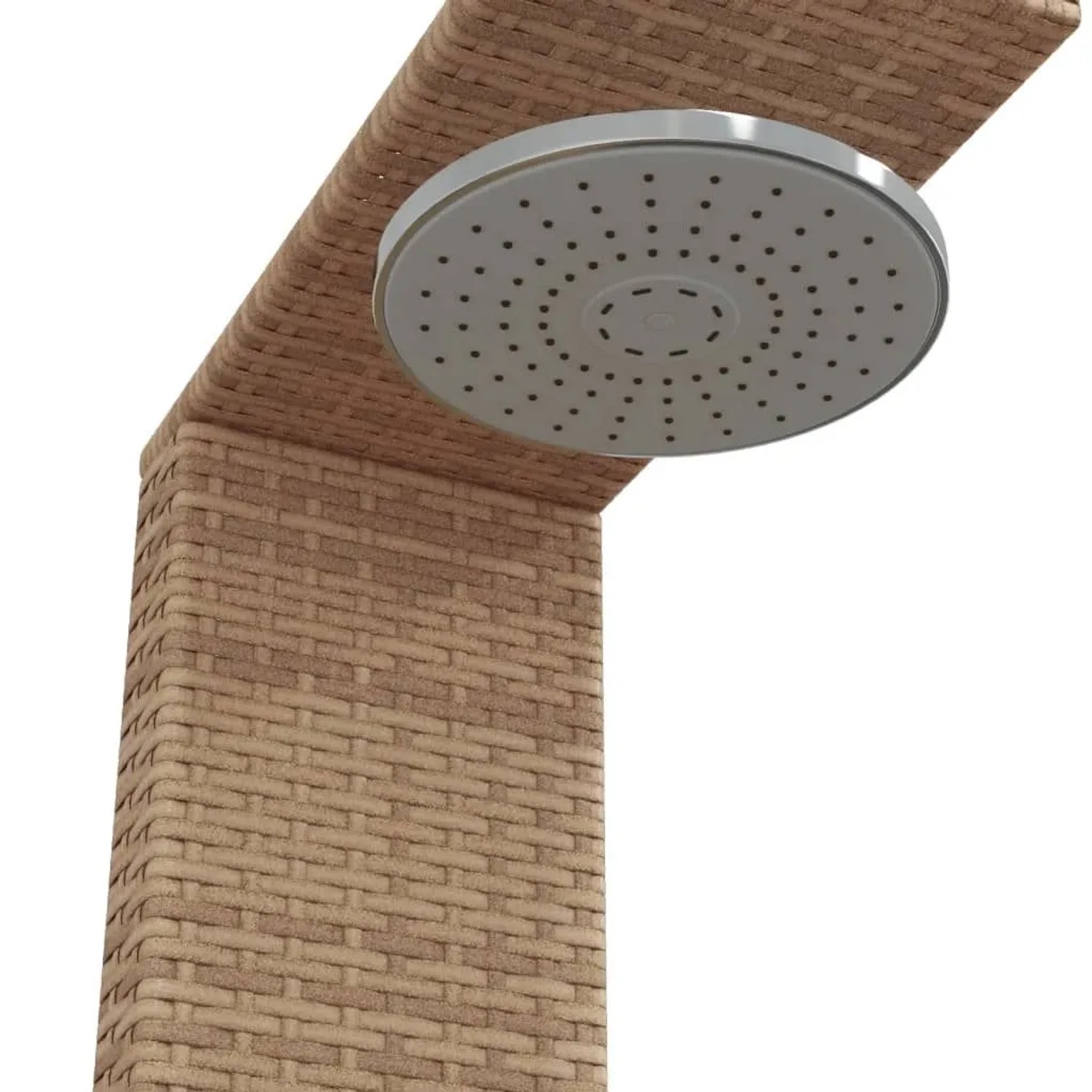 Beige Gartendusche aus Rattan und Akazienholz mit Duschkopf.