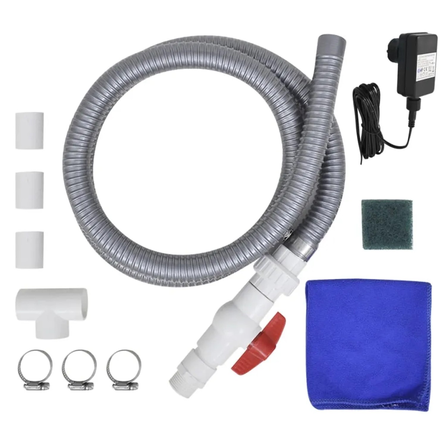 Zubehörset für vidaXL Pool-Wasserfall mit LED: Schlauch, Adapter, Reinigungszubehör.