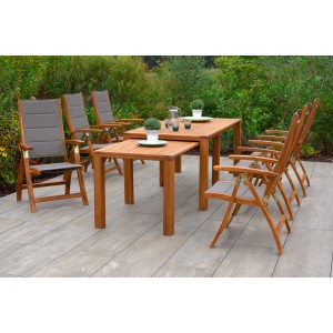 Merxx Acapulco Gartenmöbel-Set mit Ausziehtisch und 6 Sesseln aus Akazienholz.