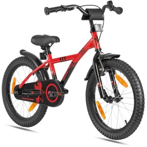 Rotes PROMETHEUS Kinderfahrrad 18 Zoll mit Stahlrahmen, Rücktrittbremse, Schutzblechen und Reflektoren. Für 5-6 Jahre.