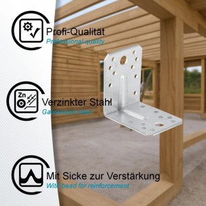20er Set Winkelverbinder 70x70 mm mit Sicke, Stahl verzinkt, für Holzkonstruktionen.