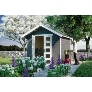 Schiefergraues Holz-Gartenhaus Hengelo von Skan Holz, 250x300 cm, mit geöffneter Tür im Garten.