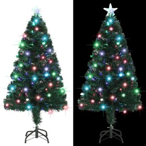 Grüner künstlicher Weihnachtsbaum 120 cm mit bunten LED- und Glasfaserlichtern, Sternspitze und schwarzem Ständer.