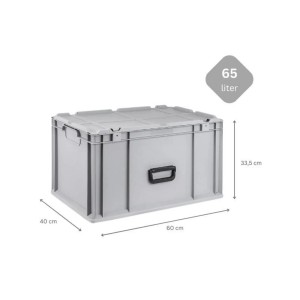 Graue Eurobox 65L NextGen Portable mit Tragegriff und Maßangaben, ideal zur Aufbewahrung.