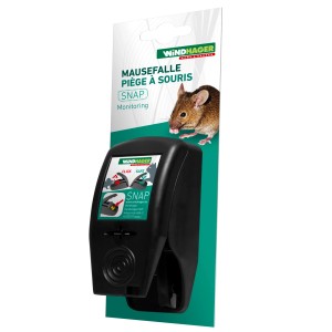 Windhager Mausefalle Snap, schwarze Kunststofffalle mit Köderfach und Spannmechanismus.